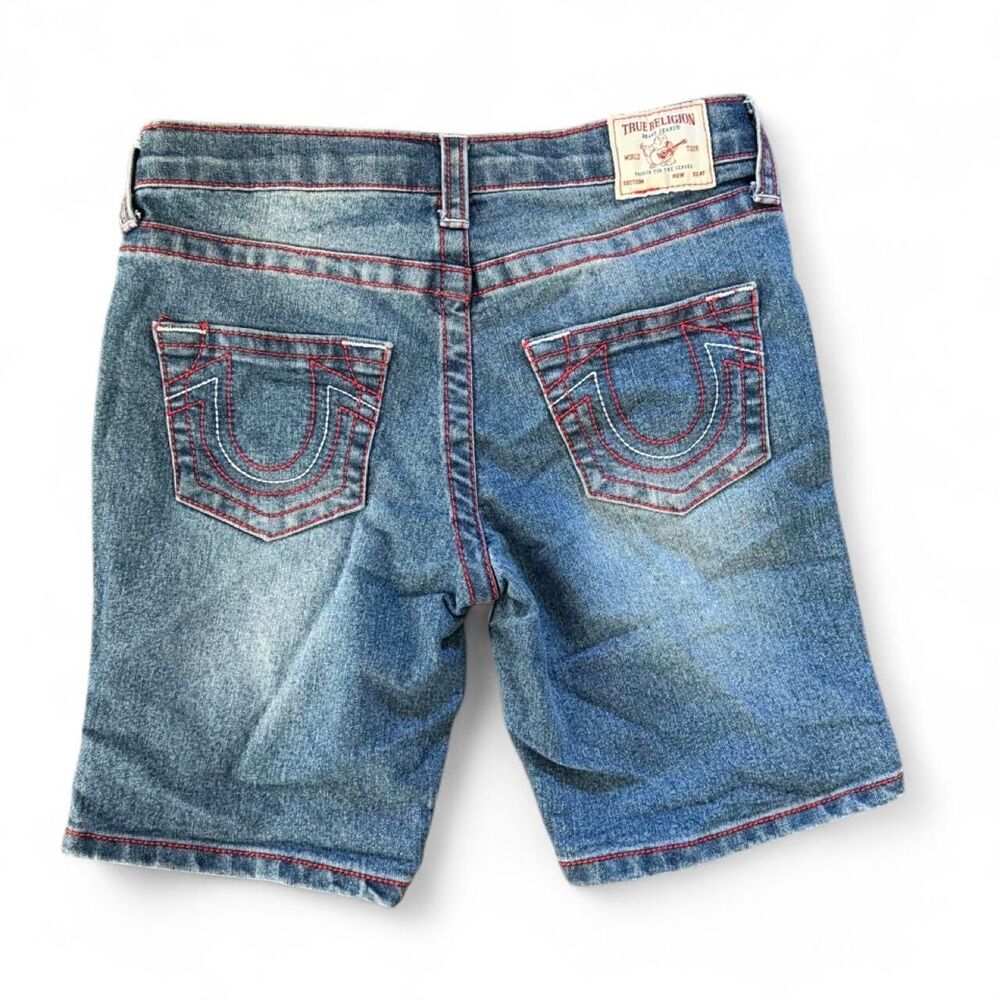 True Religion Blue and Red Logo Print Jean Shorts Size 10